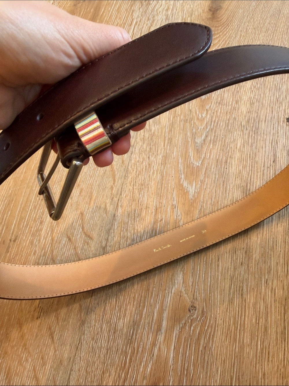 Paul Smith Dark Brown Leather Belt with Multicolor Stripe Keeper